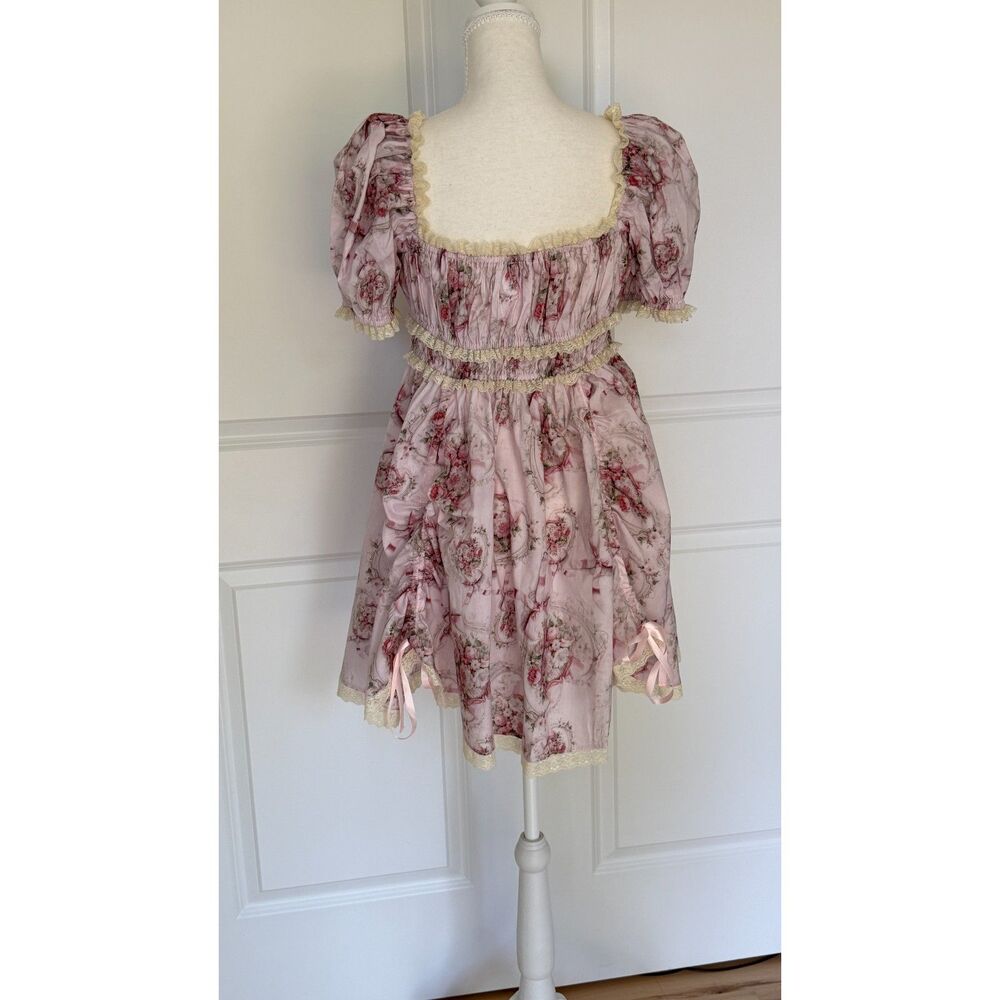 Selkie Babydoll Toile Lace Puff Mini Dress Pink Floral Ribbon